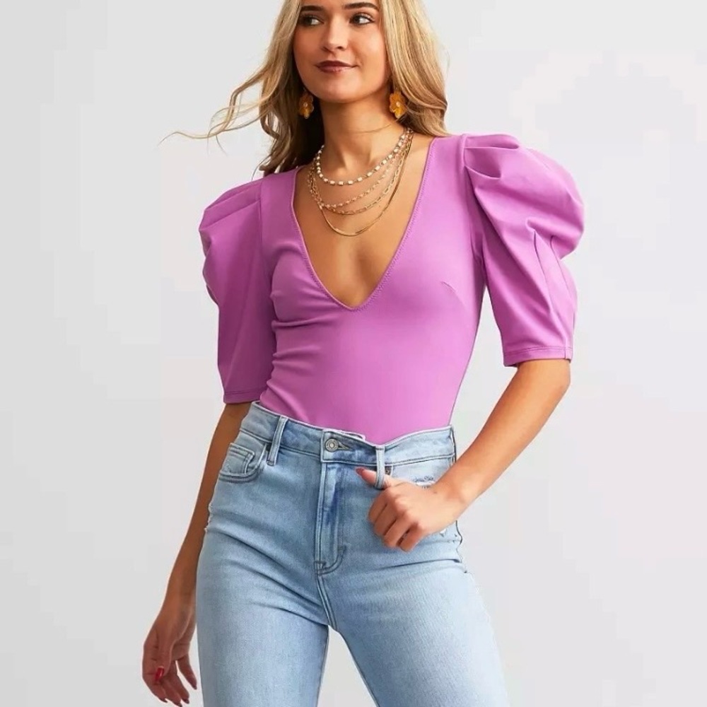 Free People Va Va Voop Bodysuit Deep V-Neck Short Ruched Puffed Sleeve New